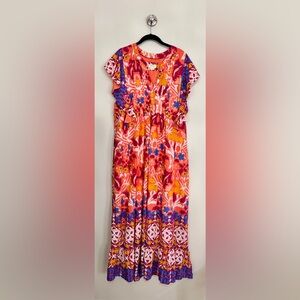 Maeve Anthropologie XL Boho Floral Midi Dress Flutter Sleeve Pink Orange